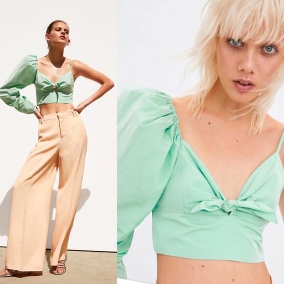ZARA Limited Edition Puff Sleeve One Shoulder Crop Top Size Small - Picture 1 of 10